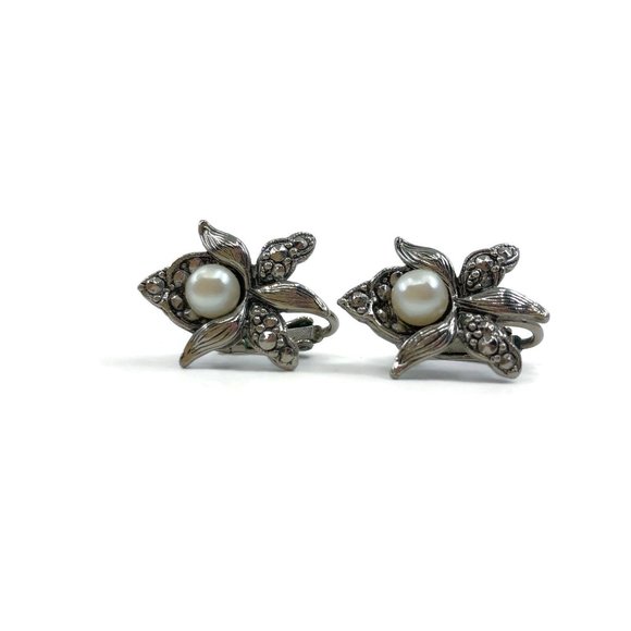 Vintage Orchid Earrings Clip On Faux Pearl Marcasi - Picture 10 of 11